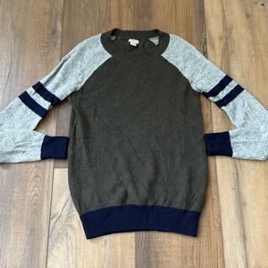 J Crew Sweater Top Womens Small Green Gray Colorblock Waffle Knit Merino Wool Bl